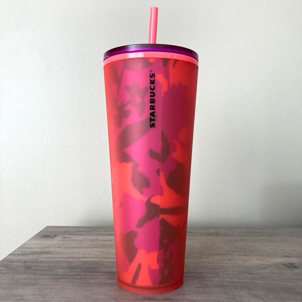 STARBUCKS Soft Touch Red Floral Tumbler Cold Cup
